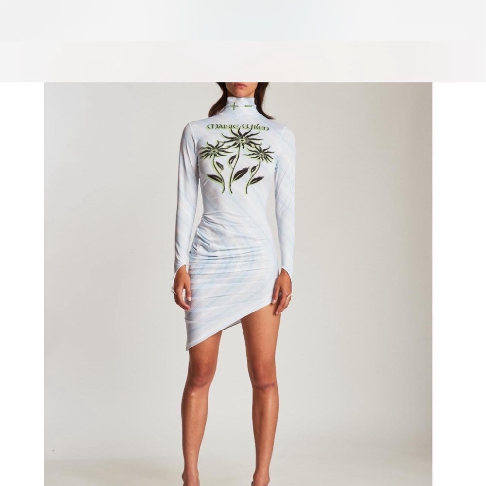 Chic Asymmetrical White Dress with Green Leaf Pattern